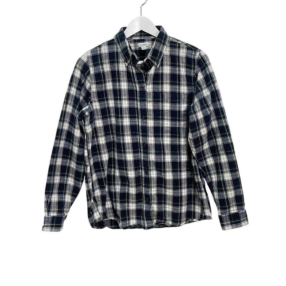 L.L. Bean Women's Sz S Blue White Scotch Plaid Cotton Button Down Flannel Shirt